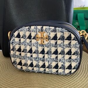 Tory Burch Kira Tweed Cream and Blue Crossbody Bag with Elegant Design